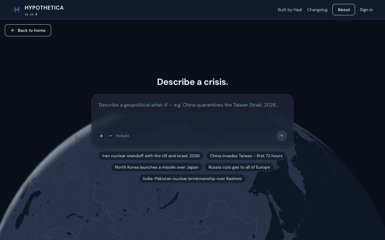After: a single large prompt in the middle of the page, over a globe, with example crises underneath