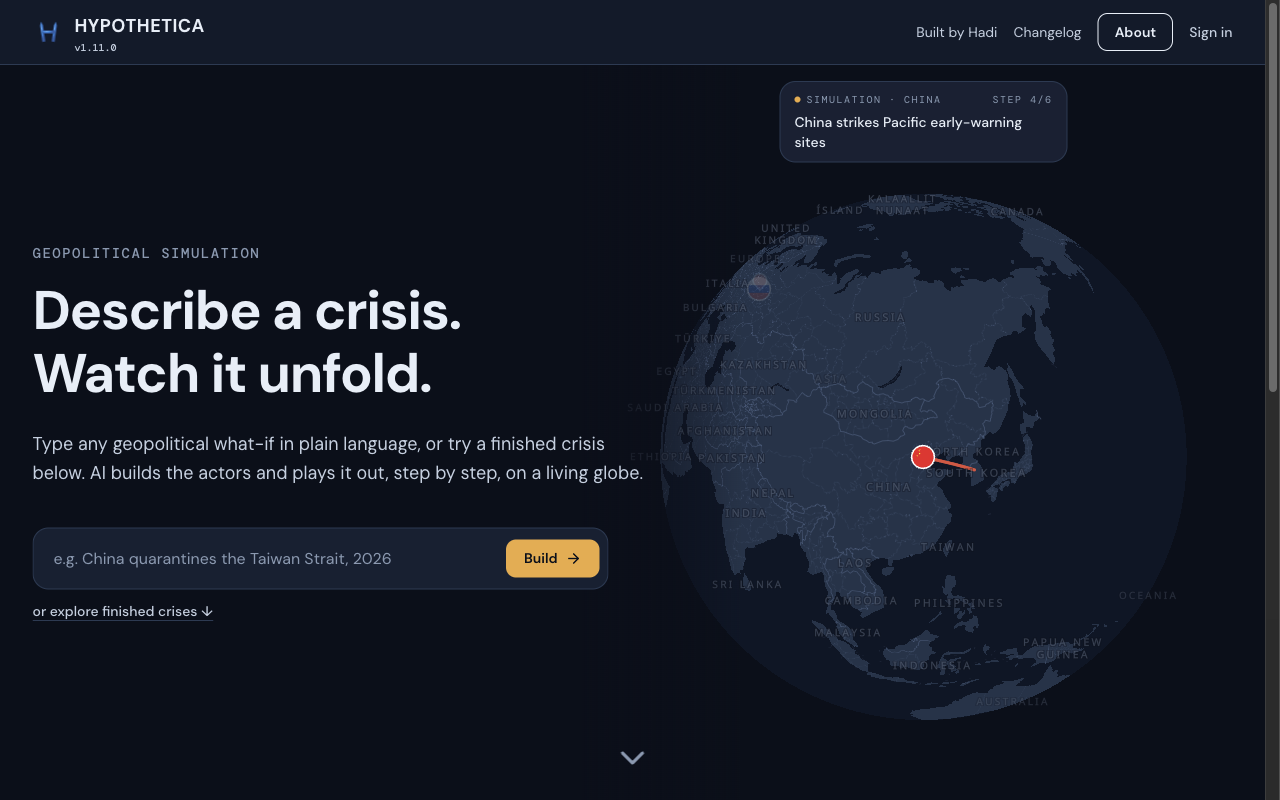 After: home page with a prompt box and a globe already playing a crisis, step caption on the map