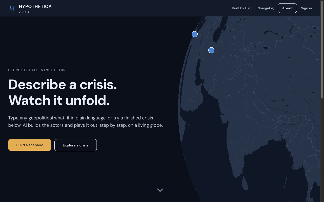 Before: home page with Build a scenario and Explore a crisis buttons beside a quiet globe