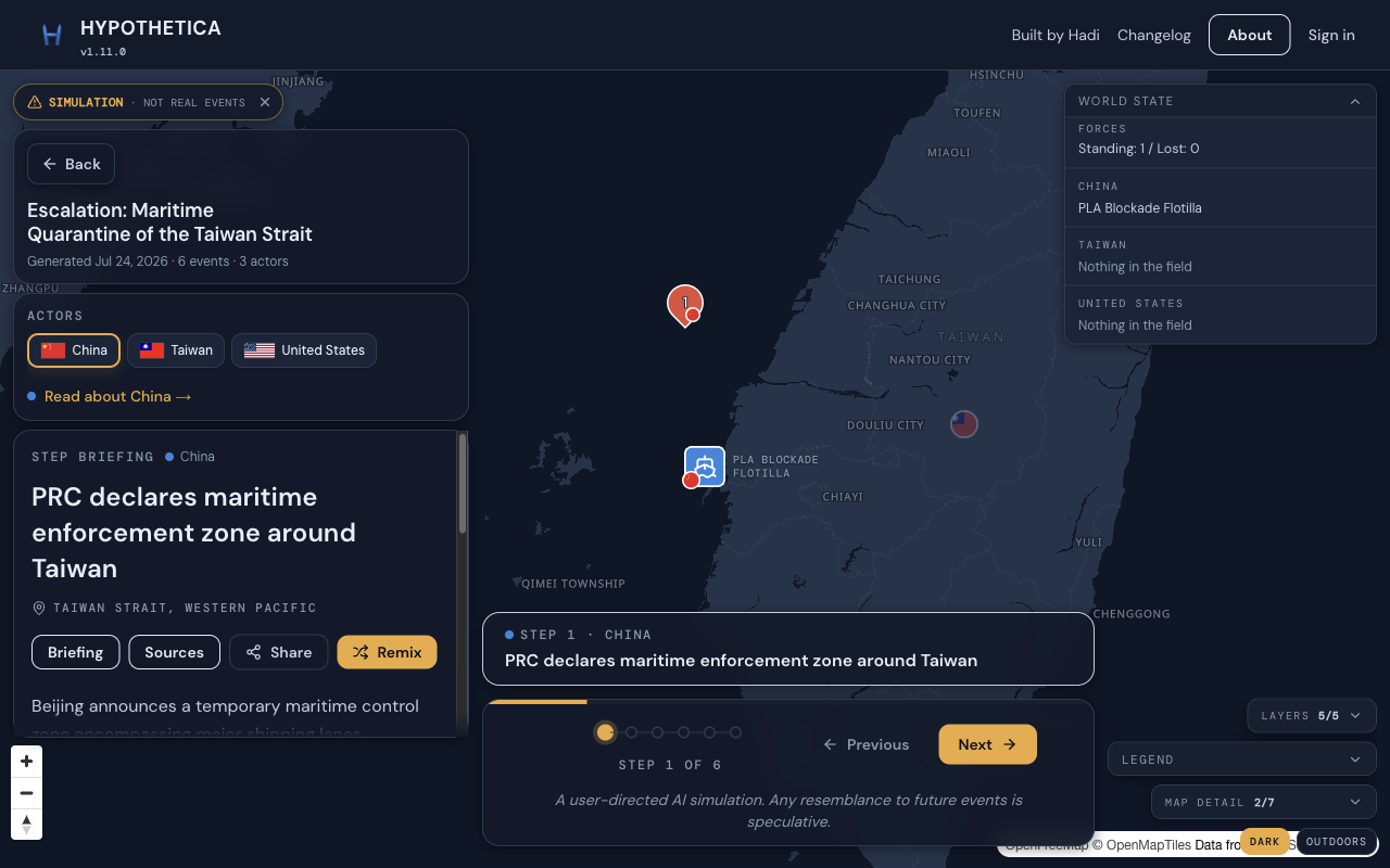 After: the same live map with a Simulation, not real events notice on the globe