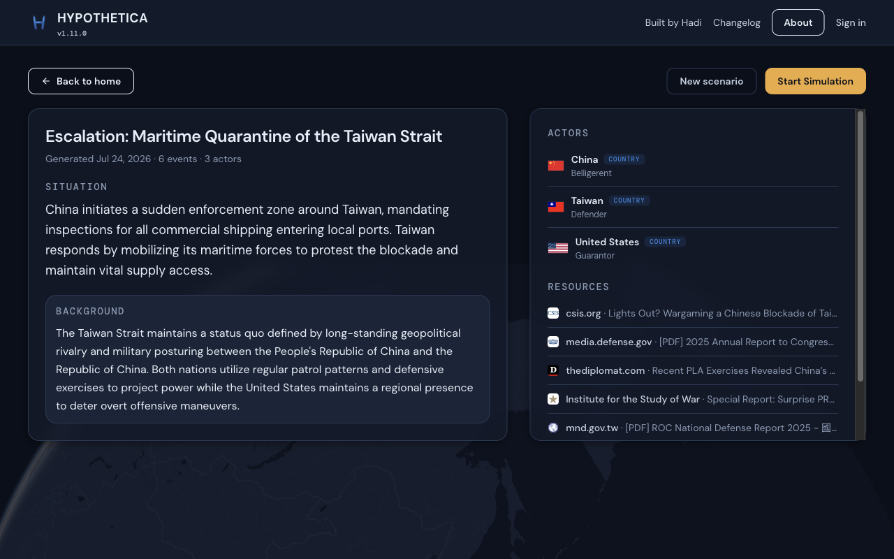 After: two briefing cards over the globe, Situation first, Start Simulation on the toolbar