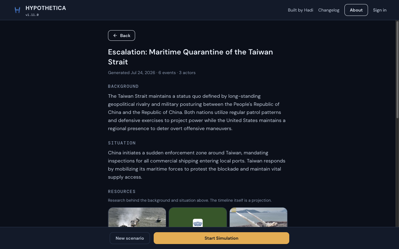 Before: a narrow briefing column on a dark page, with Start Simulation at the bottom